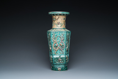 A Chinese hexagonal verte biscuit vase with applied dragon design, 19/20th C.