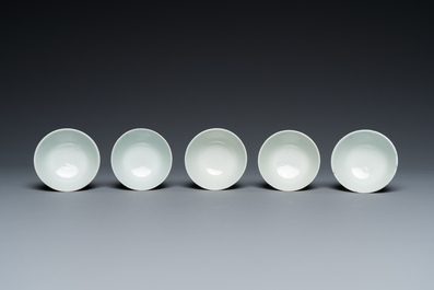 Five Chinese famille rose 'nine peaches' bowls and a balsam pear plate, Ju Ren Tang 居仁堂製 mark, 19/20th C.