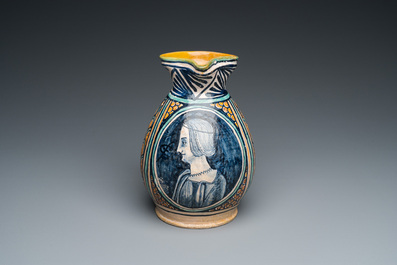 A polychrome Italian maiolica 'Bella Donna' ewer, Deruta, 15/16th C.