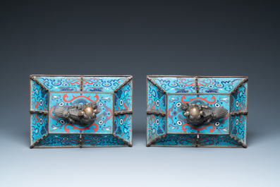 A pair of large Chinese cloisonn&eacute; 'fangding' censers and covers on wooden stands, 19th C.