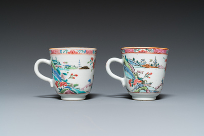 A pair of Chinese famille rose cups and saucers, Yongzheng