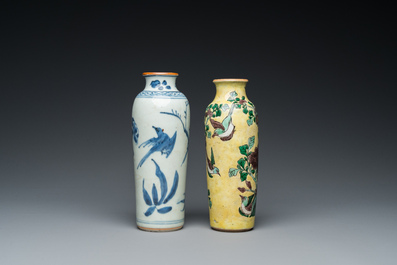 Two Chinese blue and white and famille jaune rouleau vases, Transitional period and 19th C.