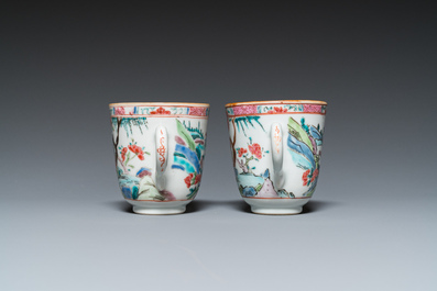 A pair of Chinese famille rose cups and saucers, Yongzheng