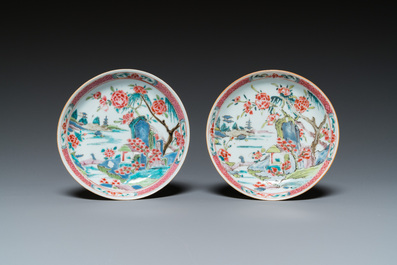 A pair of Chinese famille rose cups and saucers, Yongzheng