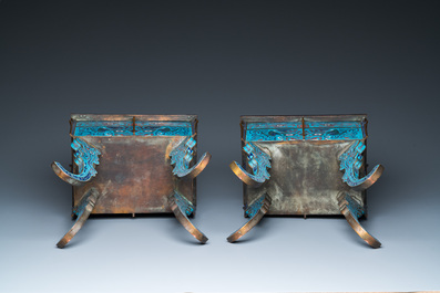 A pair of large Chinese cloisonn&eacute; 'fangding' censers and covers on wooden stands, 19th C.