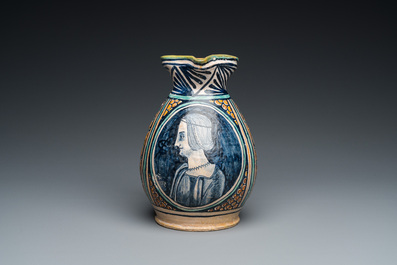 A polychrome Italian maiolica 'Bella Donna' ewer, Deruta, 15/16th C.