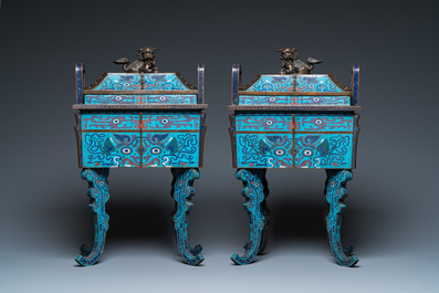 A pair of large Chinese cloisonn&eacute; 'fangding' censers and covers on wooden stands, 19th C.