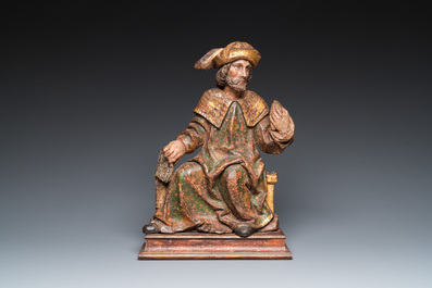 A large polychromed wood sculpture of a prophet, Flanders, 15/16th C.