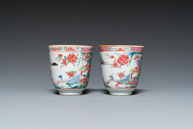 A pair of Chinese famille rose cups and saucers, Yongzheng