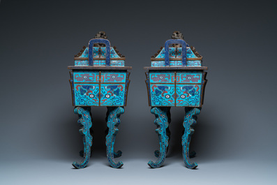 A pair of large Chinese cloisonn&eacute; 'fangding' censers and covers on wooden stands, 19th C.