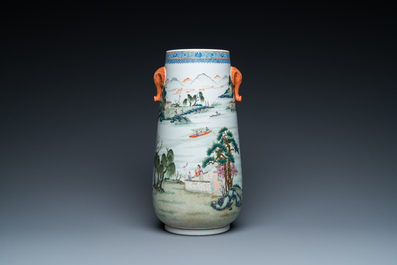 A Chinese famile rose 'hu' vase with a fine river landscape, Qianlong mark, Republic