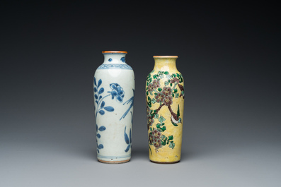 Two Chinese blue and white and famille jaune rouleau vases, Transitional period and 19th C.