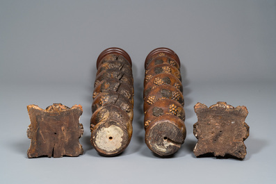 A pair of patinated wooden 'grapevine' columns, 18th C.