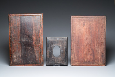 Two mother-of-pearl-inlaid wooden trays, two opium trays and an oval frame, China and/or Vietnam, 19th C.