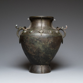 A rare massive Chinese archaistic bronze 'lei' wine vessel with inscription, Song
