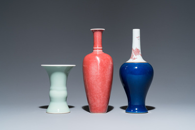 Three Chinese blue-, celadon- and copper-red-glazed vases, Kangxi marks, 19/20th C.