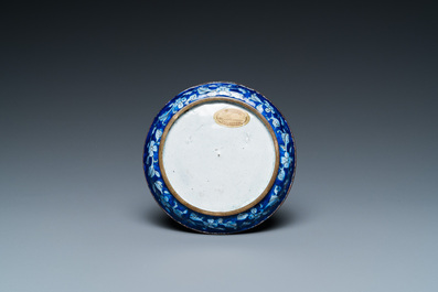 A Chinese Canton enamel 'lotus' spice dish and a bowl, Qianlong/Jiaqing