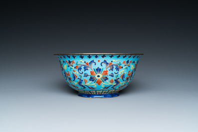 A Chinese Canton enamel 'lotus' spice dish and a bowl, Qianlong/Jiaqing