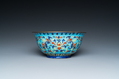 A Chinese Canton enamel 'lotus' spice dish and a bowl, Qianlong/Jiaqing