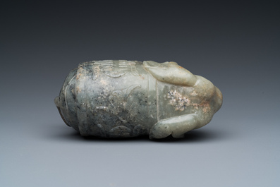 A Chinese grey-speckled celadon jade elephant, Qing