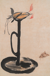 D'apr&egrave;s Qi Baishi 齊白石 (1864-1957): 'Lampe &agrave; huile et deux phal&egrave;nes', encre et couleurs sur papier