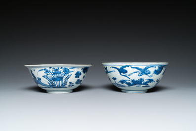 Two Chinese blue and white bowls with cranes, deer and ducks, Wanli