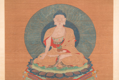 Chinese school: 'Bhaishajyaguru' or 'Medicine Buddha', ink and colour on silk, probably 19th C.
