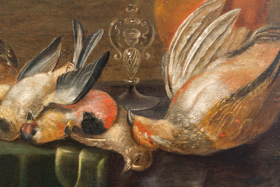 Navolger van Alexander Adriaenssen (1587-1661): Stilleven met vogels, olie op paneel, 17e eeuw