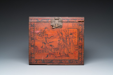 A Chinese wooden chest with a Tingqua store label, Canton, 19th C.