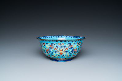 A Chinese Canton enamel 'lotus' spice dish and a bowl, Qianlong/Jiaqing