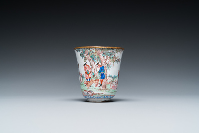 A Chinese Canton enamel teapot, a wine jug and a wine cup, Yongzheng/Qianlong