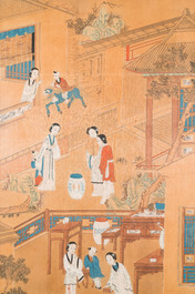 Chinese school: Two garden scenes with ladies and boys, ink and colour on silk, Qing