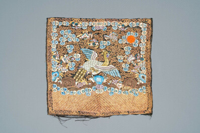 Two Chinese embroidered silk rank badges with cranes, 19th C.