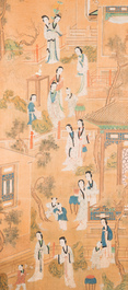 Chinese school: Two garden scenes with ladies and boys, ink and colour on silk, Qing