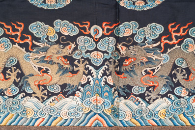 A Chinese gold- and silver-thread-embroidered silk panel with dragons, Qing