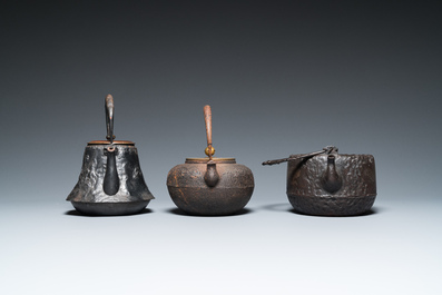 Six Japanese cast iron 'tetsubin' kettles, Meiji, 19/20th C.
