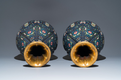 A pair of large Chinese cloisonn&eacute; 'bats and shou' bottle vases, 19th C.