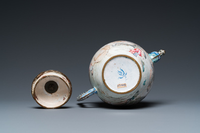 A Chinese Canton enamel teapot, a wine jug and a wine cup, Yongzheng/Qianlong