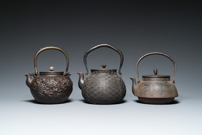 Six Japanese cast iron 'tetsubin' kettles, Meiji, 19/20th C.