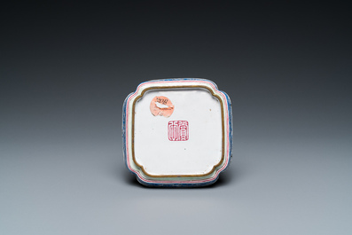 A square Chinese Canton enamel 'scholar' tray with a poem, Qianlong