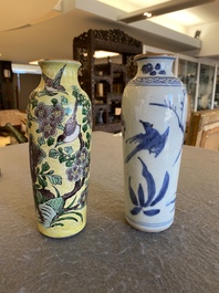 Two Chinese blue and white and famille jaune rouleau vases, Transitional period and 19th C.