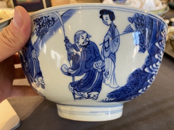 Bol en porcelaine de Chine en bleu et blanc &agrave; d&eacute;cor d'immortels, marque de Shen De Tang Bo Gu Zhi 慎德堂博古製, Kangxi