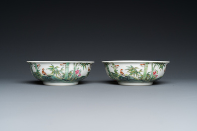 A pair of Chinese famille rose bowls with birds on bamboo branches, Yongzheng mark, probably Republic