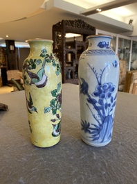 Two Chinese blue and white and famille jaune rouleau vases, Transitional period and 19th C.