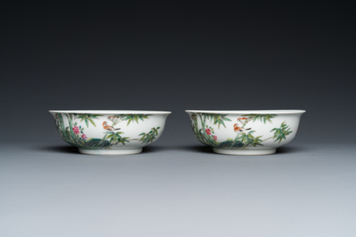A pair of Chinese famille rose bowls with birds on bamboo branches, Yongzheng mark, probably Republic