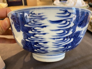 Bol en porcelaine de Chine en bleu et blanc &agrave; d&eacute;cor d'immortels, marque de Shen De Tang Bo Gu Zhi 慎德堂博古製, Kangxi