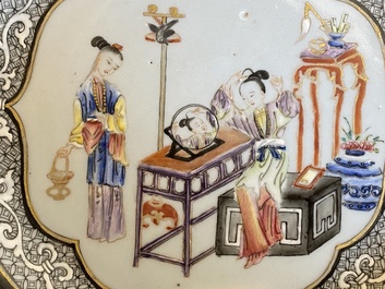 A pair of Chinese famille rose plates with a lady doing her make-up, Yongzheng