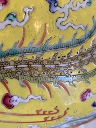 A Chinese yellow-ground famille rose 'dragon and phoenix' bowl, Xuantong mark and of the period