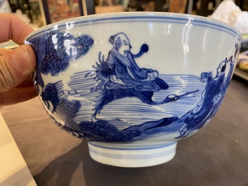 A Chinese blue and white 'immortals' bowl, Shen De Tang Bo Gu Zhi 慎德堂博古製 mark, Kangxi