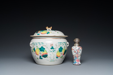 A Chinese silver-mounted famille rose vase and a covered bowl, 19th C.